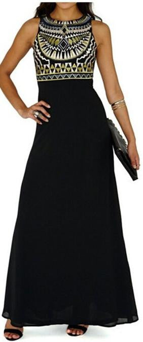 Beautiful Geometry Print Sleeveless Black Chiffon Long Dress