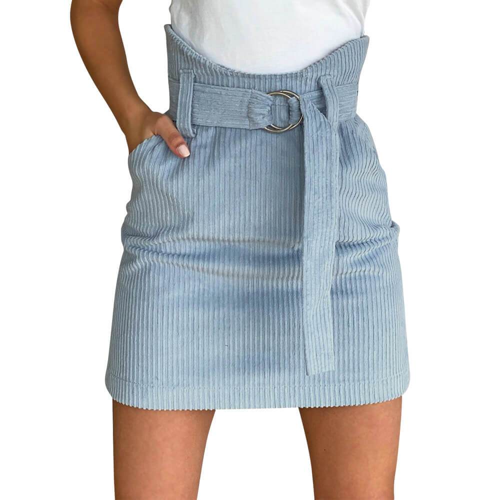 Blue High Waist Belt Corduroy Skirts