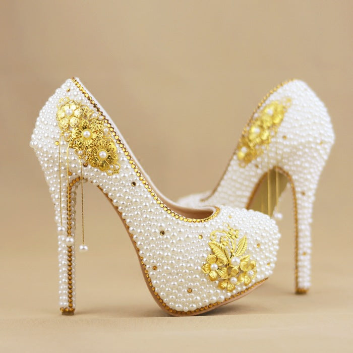 Gold Pendant And Pearl Handmade Diamond Wedding Shoes