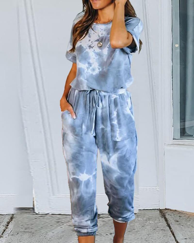 Casual Tie Dye Print Loose High Waist Short Sleeve Two Pieces Set