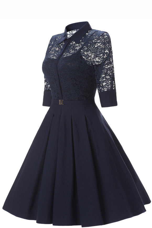 Lace Long Sleeves Solid Splicing Pleated Short Dress