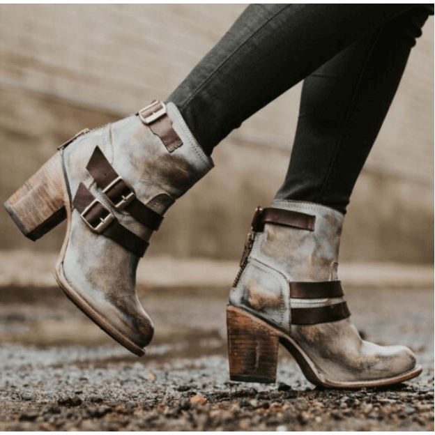 Leather High Heel Buckle Ankle Boots