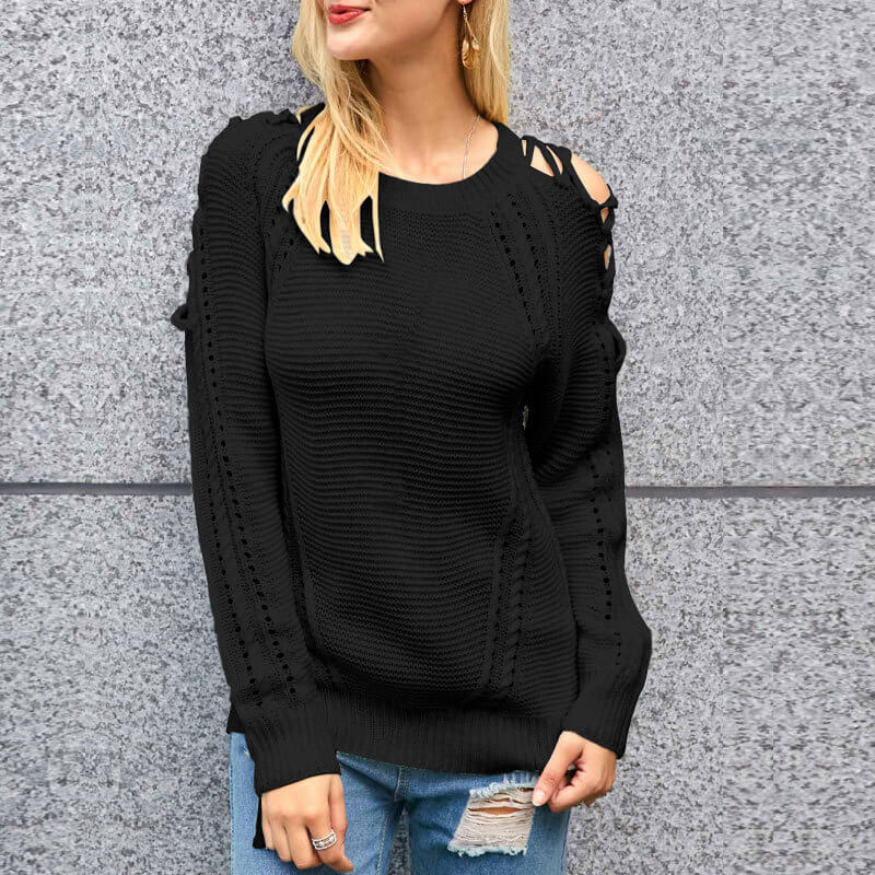 Cold Shoulder Hollow Out Knitted Soild Sweater