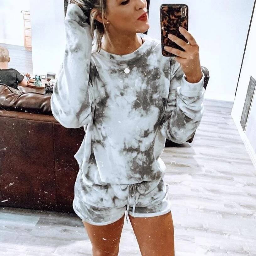 Casual Tie Dye Loose High Waist Long Sleeve Two Pieces Set