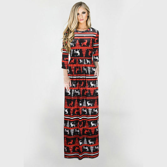 Christmas Plus Size Print 3/4 Sleeve Maxi Dress
