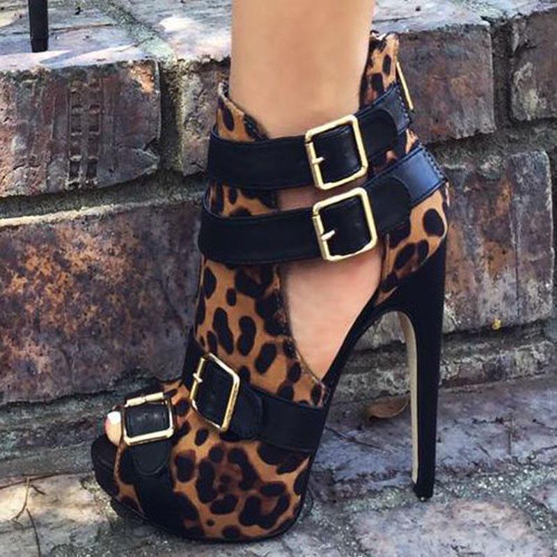 Leopard Peep Toe Platform High Heel Ankle Boots
