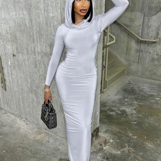 Hooded Solid Color Long Sweater Dress