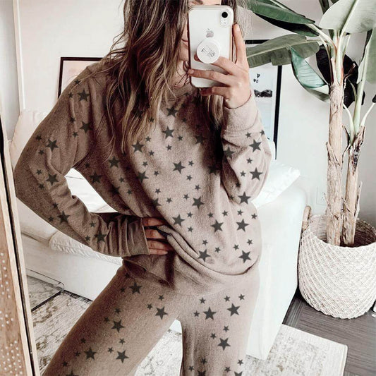 Casual Star Print Loose High Waist Long Sleeve Wide Leg Two Pieces Set