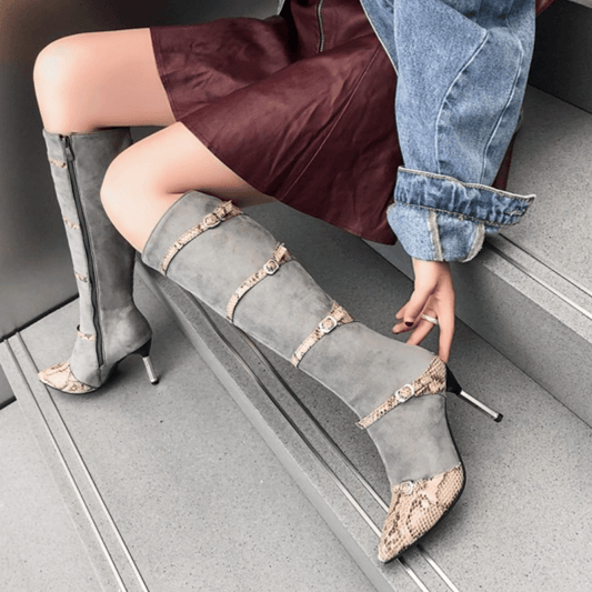 Snakeskin Leather High Heel Patchwork Knee High Boots