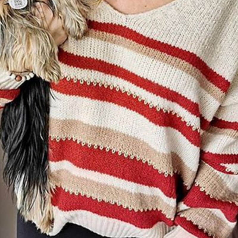 Red Striped V Neck Sweater
