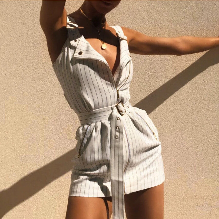White Stripe Zipper Belt Mini Overall Dress
