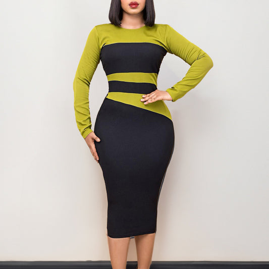 Fashionable and Elegant Color-Block Commuter Bodycon Dress