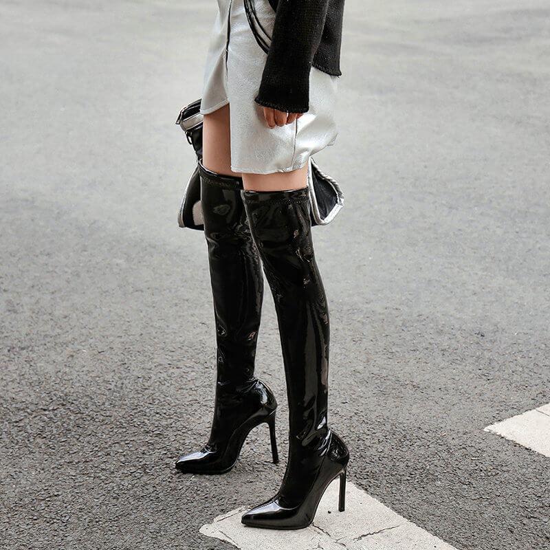 Patent Leather High Heel Pointed Toe Over Knee Boots
