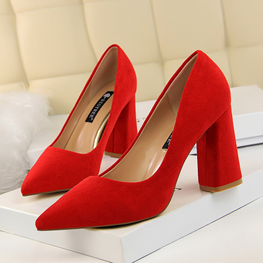 Low Cut Suede Chunky Heel Pointed Toe High Heels Party Shoes