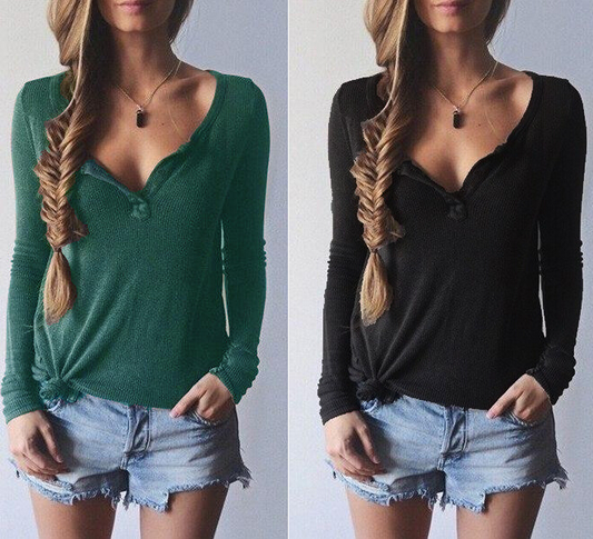 Clearance Ribbed Knit V-neck Pure Color Long Sleeves Sweater