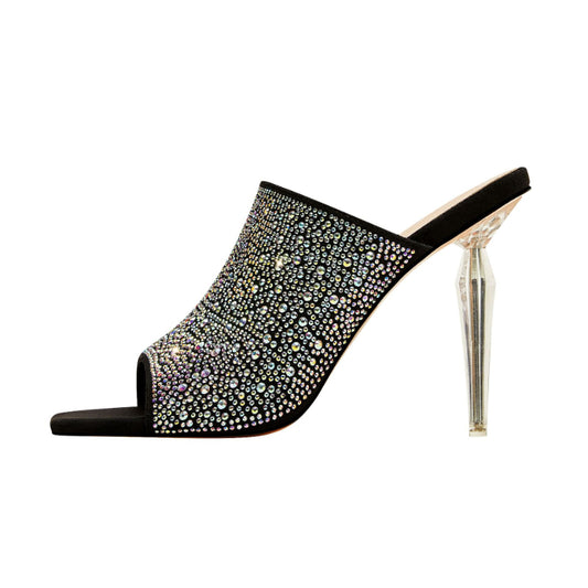 Stylish Open-Toe Diamond-Encrusted Square High Heel Sandals