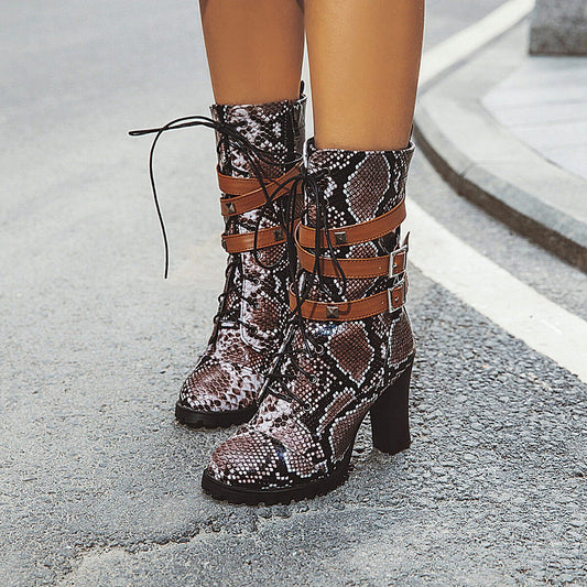 Snakeskin Leather Lace Up High Chunky Heel Boots