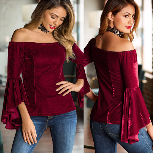 Off Shoulder Long Ruffle Trumpet Sleeves Blouse