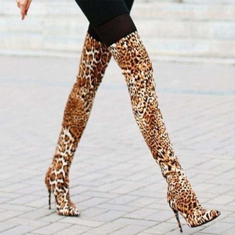 Fashion Leopard Pointed Toe Stretch Over Knee Boots
