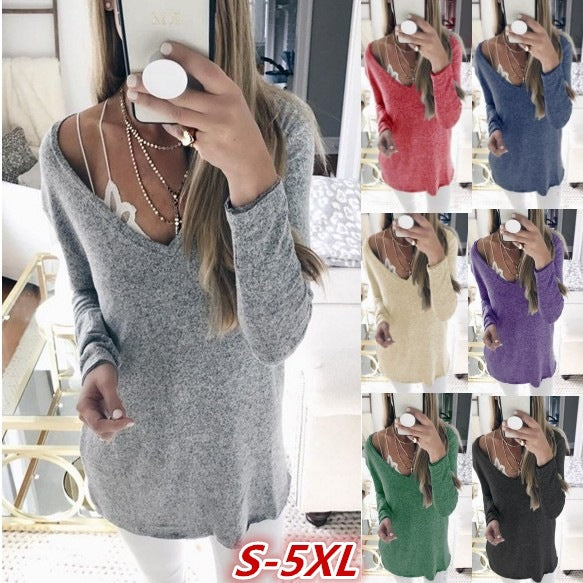 Candy Solid Color V-neck Casual Loose Women Pullover Sweater