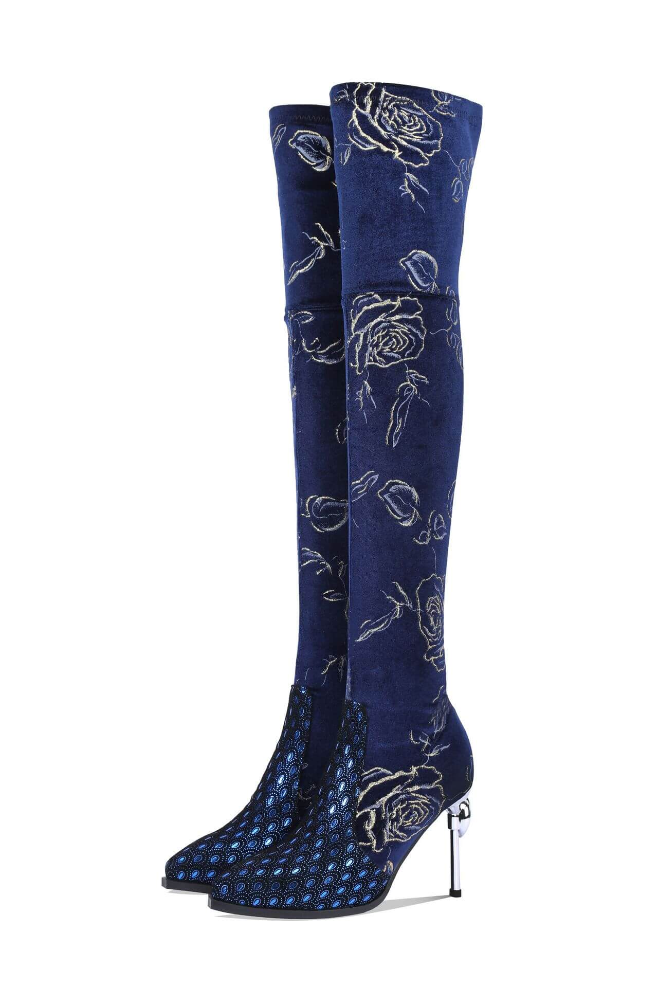 Suede Embroidery Pointed Toe High Heel Over Knee Boots