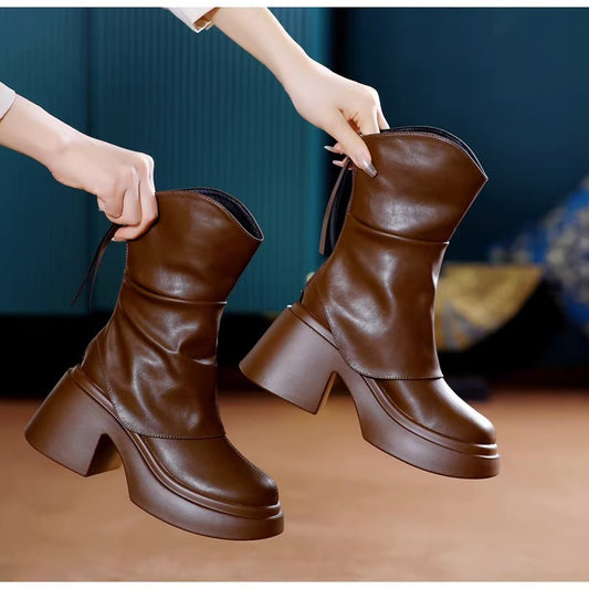Round-Toe Chunky High-Heel Mid-Calf Fashion Boots