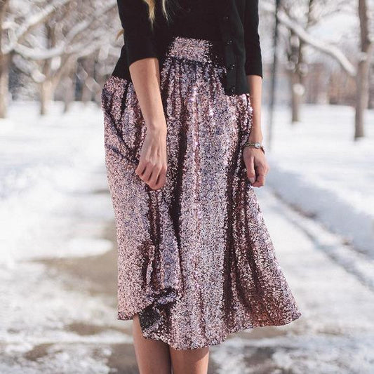 Sequin High Waist Flared Fashion Middle Skirt
