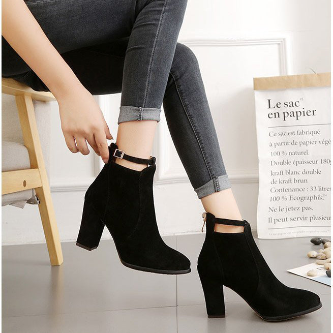 Pointed Toe Suede Straps Middle Chunky Heel Short Boots