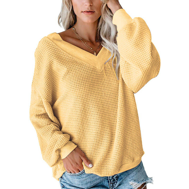 V-Neck Ribbed Pure Color Sweater