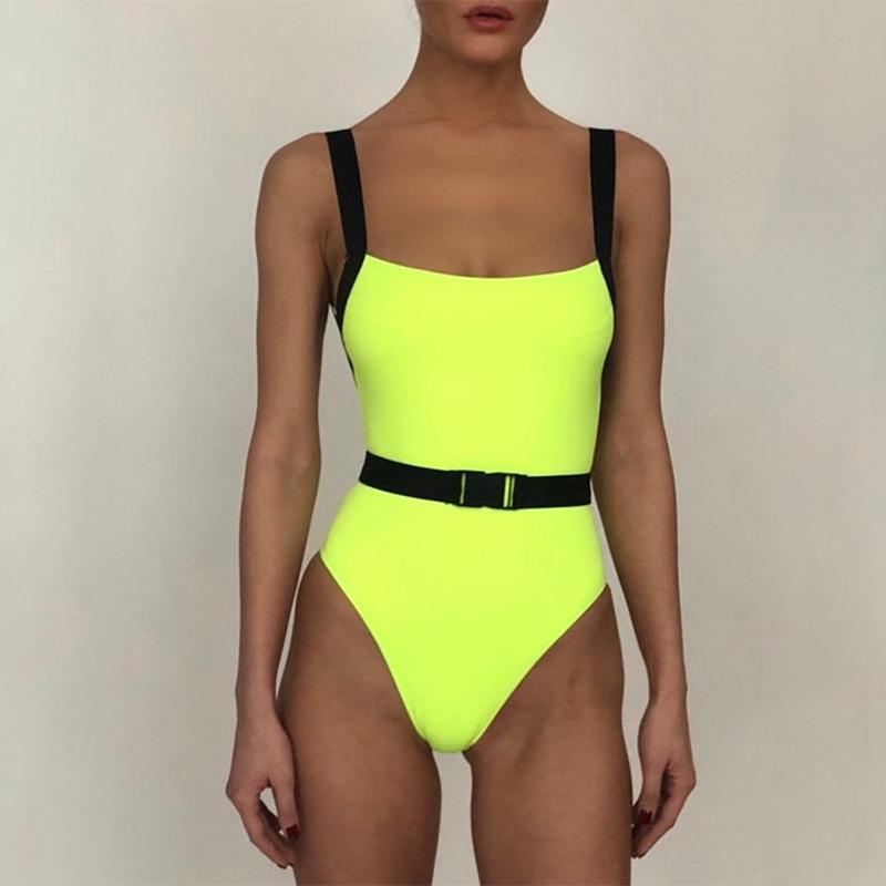 Bright Color Buckle Low Back High Cut Swimsuit