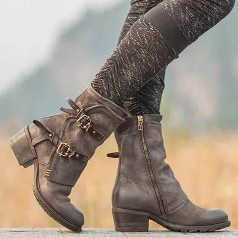 Leather Buckle Zipper Chunky Heel Ankle Boots