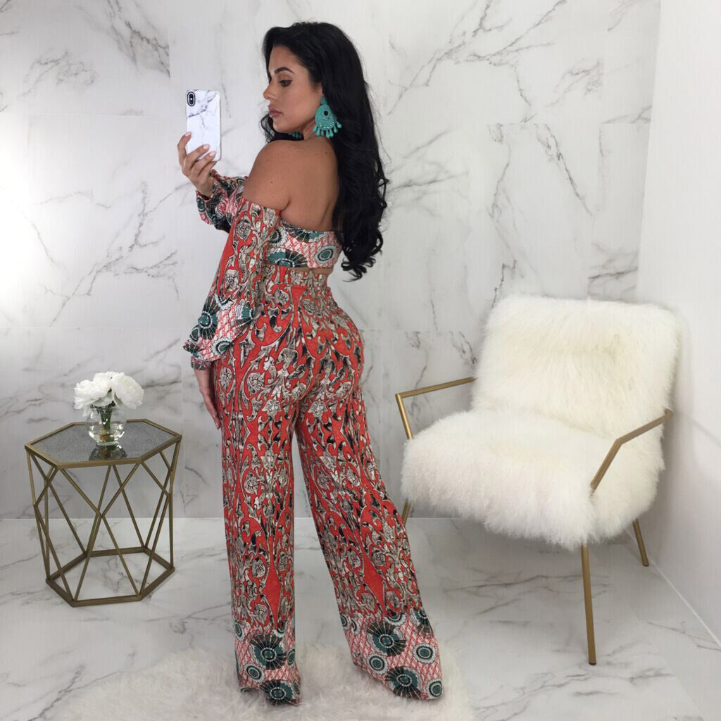 Bow Flower Print Strapless Long Sleeves Cami Top with High Waist Long Wide-leg Pants Two Pieces Set