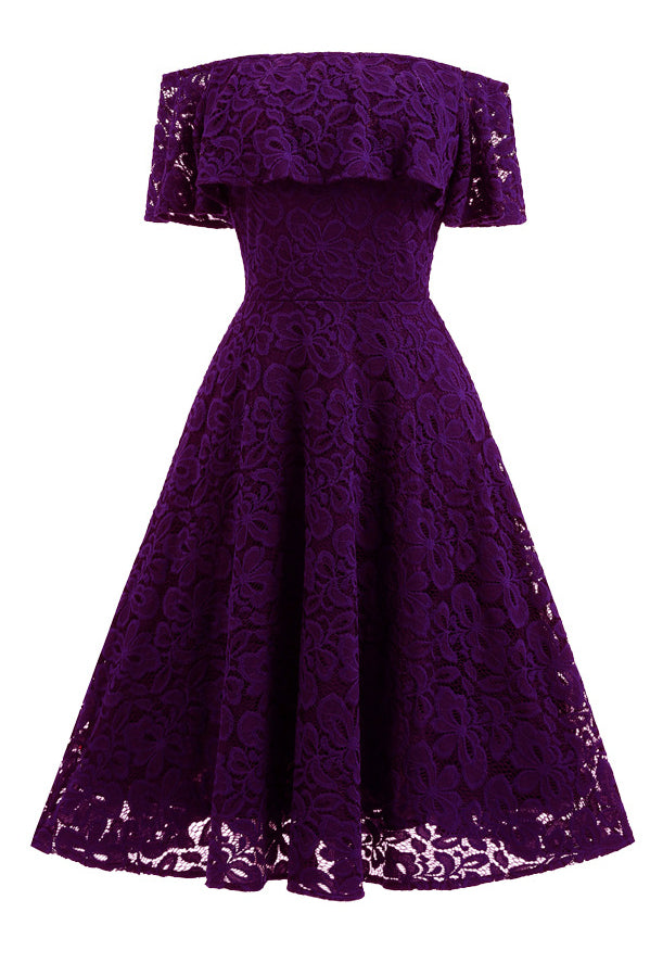 Solid Color Off Shoulder Short Sleeves Short Lace Dress