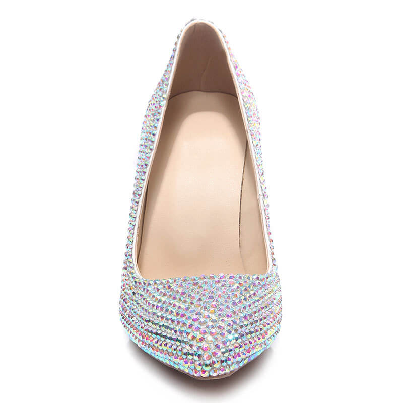Rhinestone Leather Point Toe Solid Pumps