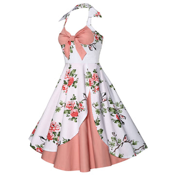 Flower Print Halter Irregular Short Pleated Dress