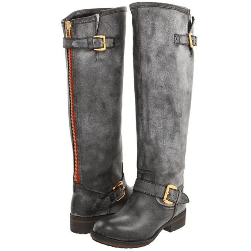Knee High Leather Low Heel Round Toe Boots