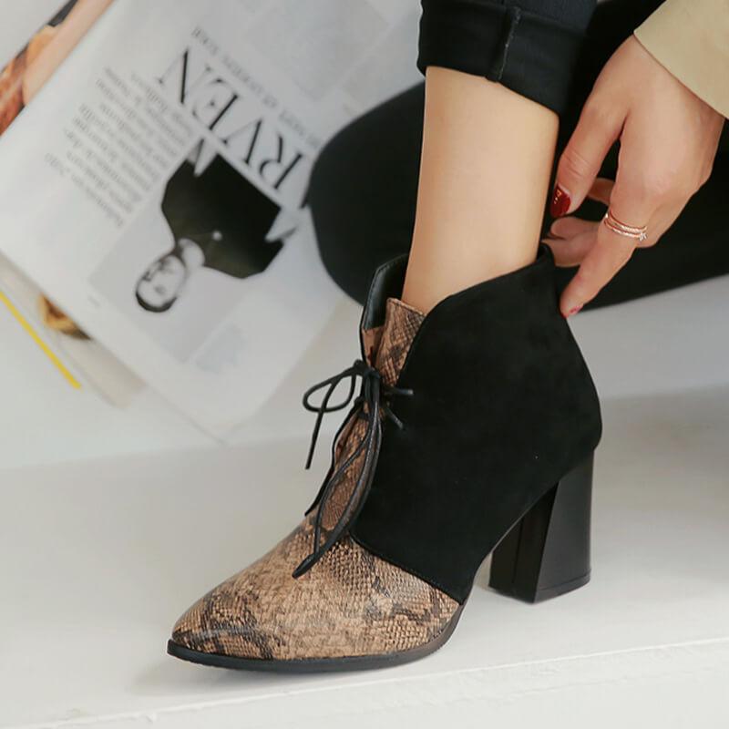 Leather Snakeskin Lace Up Chunky Heel Ankle Boots