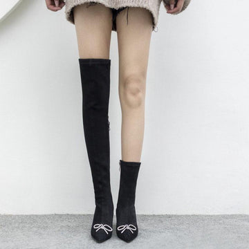 Black Point Toe Zipper High Heel Over Knee Sock Boots