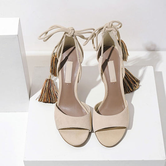 Strappy Ankle Fringe Cutout  Round Toe Sandals