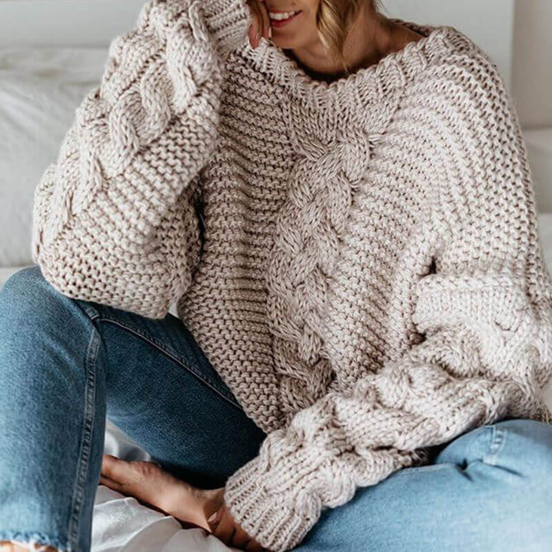 Soild V Neck Cable Knitted Sweater