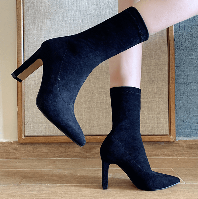 Fashion Suede Point Toe Chunky Heel Calf Boots