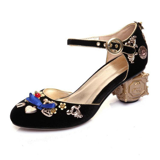 Cute Suede Embellished Round Toe Chunky Heel Sandals