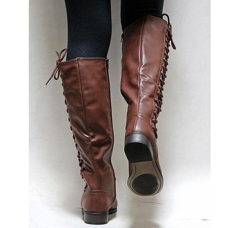 Leather Lace Up Chunky Heel Knee High Boots