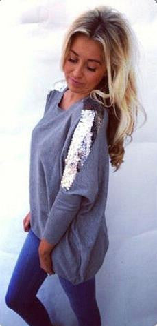 Batwing Sequin Long Sleeves Scoop Casual Blouse - Meet Yours Fashion - 1