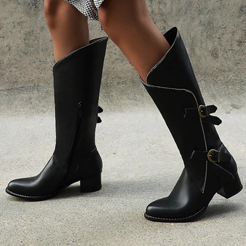 Leather Buckle Chunky Low Heel Knee High Boots