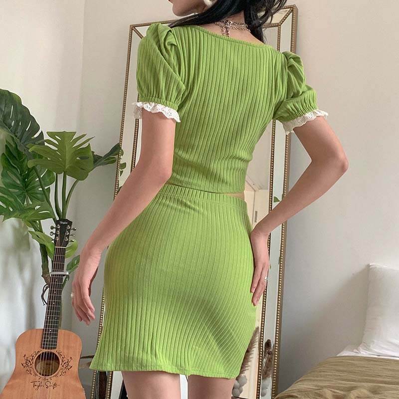 Cute Green Flapper Split Short Skirt Sets