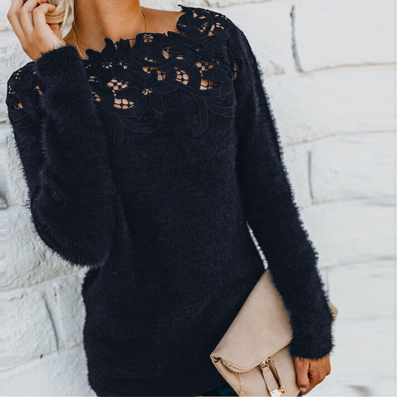 Hollow Out Lace Pure Color Sweater