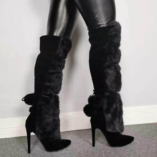 Black Fur Suede Knee High Boots