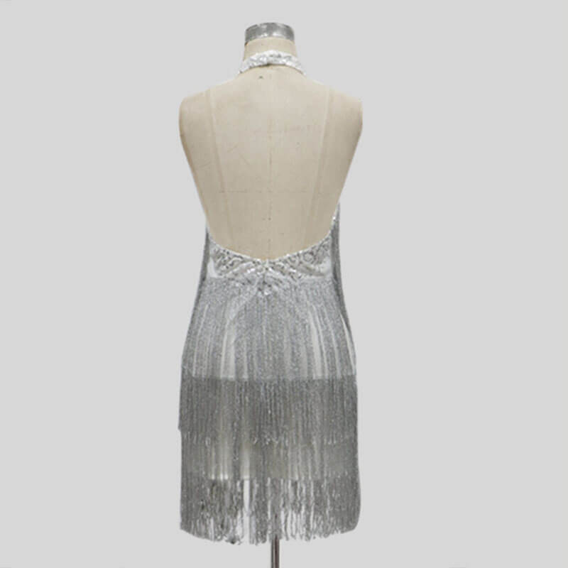Silver Backless Fringe Short Dress