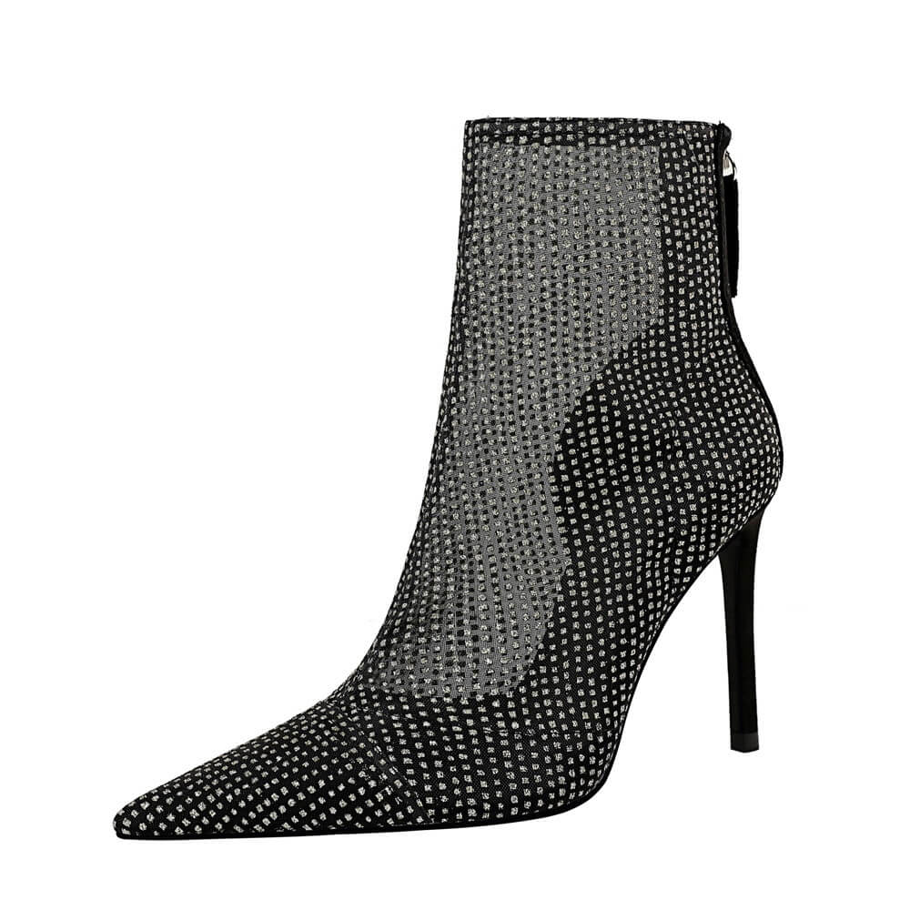 Black Mesh See Through Point Toe High Heel Ankle Boots